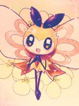 ambiguous_gender antennae_(anatomy) black_body blush brown_body feral flower front_view hands_together insect_wings looking_at_viewer open_mouth plant scarf simple_background smile solo stick_arms stick_calves stick_legs stick_limbs stick_thighs thin_calves thin_legs thin_thighs wings yellow_body unknown_artist nintendo pokemon arthropod generation_7_pokemon insect pokemon_(species) ribombee