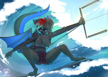 anthro big_breasts blue_body blue_eyes blue_fur breasts camel_toe cloth clothed clothing female fur grey_body grey_fur hair kitesurfing partially_clothed red_hair sea solo spread_legs spreading stripes surfboard surfer surfing swimwear water wave wings moonfluffmf mythology canid canine canis domestic_dog dragon hybrid mammal mythological_creature mythological_scalie scalie hi_res