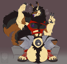 animal_genitalia anthro ball_tuft balls balls_on_ground big_balls big_fangs big_muscles big_pecs big_penis big_sheath blep bodily_fluids body_hair bottomwear brown_background chest_hair clothing electronics eyes_closed fangs footwear genital_fluids genitals gesture grey_background hand_gesture holding_object holding_phone huge_balls huge_penis huge_sheath hyper hyper_balls hyper_genitalia hyper_penis hyper_sheath male muscular muscular_anthro muscular_male pants pecs penis phone precum pubes sheath shirt shoes simple_background sitting solo sweat sweaty_balls sweaty_genitalia teeth tongue tongue_out topwear torn_bottomwear torn_clothing torn_pants torn_shirt torn_topwear tuft v_sign sinisterheaven mythology bayzan canid canine canis domestic_dog german_shepherd herding_dog mammal mythological_canine mythological_creature pastoral_dog werecanid werecanine werecreature werewolf hi_res