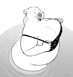 5_fingers anthro belly big_breasts bottomless breasts cleavage clothed clothing eyelashes female fingers high-angle_view lower_lip overweight overweight_anthro overweight_female partially_submerged sharp_teeth smile solo teeth water hehky bear mammal polar_bear ursine 2024 black_and_white monochrome signature