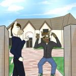 anthro brick building clothing cloud duo fangs grass house male mansion markings outside plant sky teeth fuze luis_(fuze) wolfgang_(fuze) canid canine canis domestic_dog mammal 1:1 hi_res