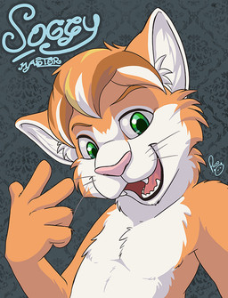 anthro cheek_tuft facial_tuft fangs front_view fur male neck_tuft open_mouth orange_body orange_fur pattern_background pink_nose pink_tongue simple_background solo teeth tongue tuft whiskers white_body white_fur young young_anthro young_male pandapaco felid mammal bust_portrait portrait