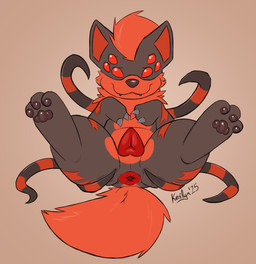 animal_genitalia animal_vulva anus balls black_body black_fur butt canine_genitalia canine_vulva female feral fluffy fluffy_tail fur genitals looking_at_viewer lying multi_eye on_back pawpads paws presenting presenting_anus puffy_anus red_anus red_body red_fur red_vulva solo spread_butt spreading stripes tail tentacles vulva kerilyn grey_havens nintendo pokemon spiral_knights lexxure generation_1_pokemon growlithe hybrid pokemon_(species) snarbolax hi_res