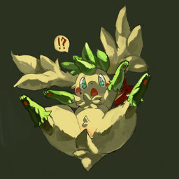 ambiguous_gender female feral green_background green_eyes interrobang lying on_back paws simple_background solo halsione nintendo pokemon generation_4_pokemon legendary_pokemon pokemon_(species) shaymin sky_forme_shaymin 1:1 green_theme low_res
