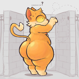 anthro arm_tuft belly big_butt big_ears bodily_fluids breasts brick brick_wall butt cheek_tuft claws curtains elbow_tuft ellipsis facial_tuft fitting_room fur gloves_(marking) leg_markings male markings moobs nipples nude orange_body orange_fur overweight overweight_anthro overweight_male paws question_mark rear_view side_boob snout socks_(marking) solo stealing sweat tail thick_thighs tuft wall_(structure) yellow_eyes zlut385 squire_(salamikii) domestic_cat felid feline felis mammal 1:1 colored digital_drawing_(artwork) digital_media_(artwork) shaded