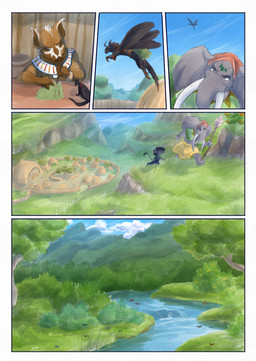 ambiguous_gender anthro biped black_body black_fur black_tail blue_sky brown_body clothed clothing day female frown fur grey_body group hat headgear headwear holding_object larger_anthro male outside river size_difference sky speech_bubble tail village water bjekkergauken imbali_(bjekkergauken) isilo_(bjekkergauken) arthropod elephant elephantid humanoid insect mammal mouse murid murine proboscidean rodent suid suine sus_(pig) unknown_species wild_boar 2025 comic hi_res