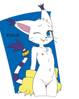 anthro areola big_ears biped blep blue_eyes claws clothing ear_tuft eyeshadow female flat_chested fur genitals gloves handwear looking_at_viewer makeup mitten_hands navel nipples one_eye_closed paws purple_body purple_fur purple_tuft simple_background solo standing tail thighs_up tongue tongue_out tuft vulva whiskers white_body white_fur wink winking_at_viewer young young_anthro conditional_dnp e10109 bandai_namco digimon digimon_(species) felid feline gatomon mammal absurd_res hi_res
