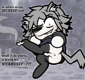 age_difference anthro anus backsack balls black_clothing black_legwear black_tights bottomless bottomless_male bulge bulge_from_behind butt butt_focus butt_grab chibi cigarette clothed clothing dialogue feet genitals glistening glistening_butt grey_body grey_hair grey_skin hair hand_on_butt holding_object_with_feet legwear male older_male one_eye_closed sharp_teeth short_stack smile smiling_at_viewer solo speech_bubble spread_anus spread_butt spreading sweater tail teeth thigh_highs tights topwear arnkleblarn melty_blood tsukihime type-moon neco-arc neco-arc_chaos felid feline humanoid hybrid mammal absurd_res hi_res meme