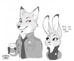 anthro beverage clothing coffee coffee_cup container cup duo female male police police_uniform simple_background text uniform white_background princessharumi disney zootopia judy_hopps nick_wilde canid canine fox lagomorph leporid mammal rabbit red_fox true_fox english_text greyscale half-length_portrait monochrome portrait