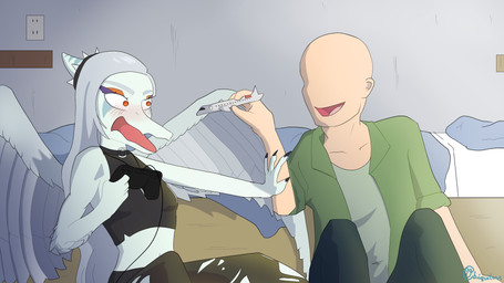 aircraft airplane anthro bald bed bedding biped black_bottomwear black_clothing black_crop_top black_pants black_shirt black_topwear blanket blue_body blue_scales blush bone_frill bottomwear breasts canon_couple claws clothed clothed_anthro clothed_female clothed_human clothed_male clothing collar controller crop_top duo elbow_feathers eyeshadow feathered_wings feathers female finger_claws fingers frill_(anatomy) front_view furniture game_controller green_clothing green_jacket green_shirt green_topwear grey_body grey_feathers grey_hair hair hand_on_arm holding_controller holding_object human_on_anthro humanoid_hands inside interspecies jacket long_hair makeup male male/female markings midriff non-mammal_breasts open_clothing open_jacket open_mouth open_topwear orange_eyes pants pillow scales shirt sitting small_breasts sofa spiked_collar spikes striped_markings stripes text topwear torn_bottomwear torn_clothing torn_pants vehicle wings ficence cavemanon_studios goodbye_volcano_high ko_op_(game_developer) snoot_game anon_(snoot_game) fang_(gvh) human mammal prehistoric_species pterosaur reptile scalie 16:9 2024 4k absurd_res artist_name colored hi_res shaded widescreen