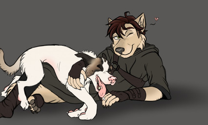 ambiguous_feral ambiguous_gender anthro brown_hair cheek_tuft closed_smile clothed clothing duo facial_tuft feral floppy_ears fur glistening glistening_eyes green_eyes grey_background hair male male_anthro mouth_closed open_mouth pawpads pink_nose pink_pawpads pink_tongue short_hair simple_background smile tan_body tan_fur tongue tongue_out tuft white_body white_fur kodaac canid canine canis domestic_dog mammal