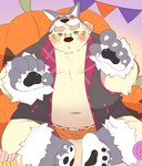 anthro belly blush bottomwear clothing costume embarrassed fur gloves handwear holidays male navel overweight overweight_male shorts solo werewolf_costume white_body white_fur 0119_muu halloween lifewonders tokyo_afterschool_summoners leib_(tas) bear mammal polar_bear ursine