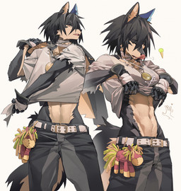 abs anthro athletic athletic_female belt belt_buckle biped black_body black_bottomwear black_clothing black_fur black_hair black_nose black_pants bottomwear breasts buckle claws clothed clothing clothing_lift countershade_arms countershade_ears countershade_face countershade_tail countershade_torso countershading cross cross_necklace ear_piercing ear_ring eyes_closed fangs female finger_claws fingerless_gloves fur gloves hair handwear jewelry licking_own_nose medallion multicolored_body multiple_poses navel neck_wraps necklace pants piercing plushie pose presenting presenting_belly ring_piercing seam_(sewing) serratus shirt shirt_lift solo tail tan_body tan_countershading tan_fur teeth tongue tongue_out topwear two_tone_body white_clothing white_shirt white_topwear wraps wrist_wraps telson alchemy_stars hati_(alchemy_stars) canid canine mammal 2023 digital_media_(artwork) hi_res