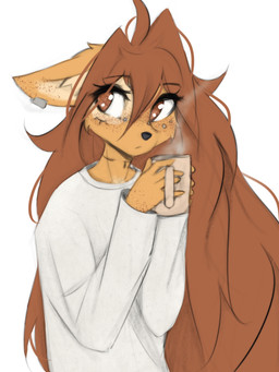 5_fingers anthro brown_eyes brown_hair clothed clothed_anthro clothed_female clothing container cup ear_piercing female fingers front_view fur hair holding_container holding_cup holding_mug holding_object inner_ear_fluff long_hair looking_aside mug neck_tattoo piercing simple_background solo steam tan_body tan_fur tattoo tuft white_background tinygaypirate apogee_(tinygaypirate) canid canine canis domestic_dog mammal 2025 3:4 digital_media_(artwork) hi_res