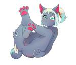 anthro anus biped butt feet female genitals hand_on_butt holding_butt loli lying on_back paws presenting pussy simple_background solo white_background young young_anthro domzywomzy felid mammal hi_res