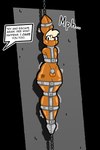 anthro bdsm bondage bound chastity_cage chastity_device clothing collar dialogue forced gag gagged gibbet hood latex latex_clothing latex_skinsuit male metal metal_chastity_cage metal_collar metal_restraints prison skinsuit solo suspension tight_clothing stockingmiami stocking_(stockingmiami) lagomorph leporid mammal rabbit hi_res