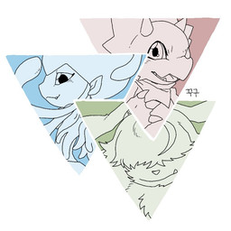 anthro chibi facial_horn female group hair hair_over_eyes horn long_ears male nose_horn simple_background tentacles trio white_background 9999_td bandai_namco digimon digimon_ghost_game angoramon ceratopsian digimon_(species) dinosaur gammamon jellymon ornithischian prehistoric_species reptile scalie 1:1