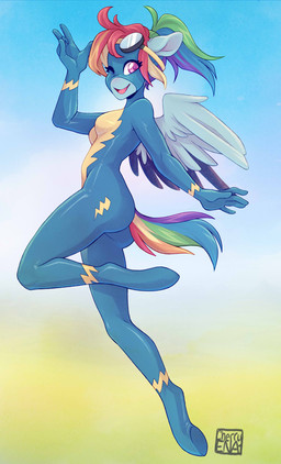 anthro blue_clothing blue_skinsuit clothing eyewear female flying goggles hair multicolored_hair multicolored_tail ponytail purple_eyes rainbow_hair rainbow_tail skinsuit solo tail tight_clothing wings wonderbolts_uniform cherryena friendship_is_magic hasbro my_little_pony mythology rainbow_dash_(mlp) wonderbolts_(mlp) equid equine mammal mythological_creature mythological_equine pegasus hi_res