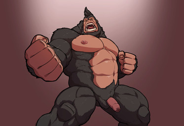 abs angry anthro balls barazoku biceps deltoids fangs fangs_bared fist flaccid forearm_muscles foreskin genitals imminent_fight looking_at_viewer low-angle_view male manly musclegut muscular muscular_arms muscular_legs muscular_thighs navel nipples nude obliques open_mouth pecs penis ready_to_fight simple_background solo teeth thick_thighs triceps yellow_eyes stangart ape gorilla haplorhine mammal primate 2024 hi_res