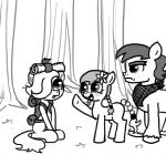 backpack bandanna clothing earth_pony emerald_jewel_(colt_quest) equid equine fan_character female feral ficficponyfic giles_pecan_(colt_quest) group hasbro horse kerchief male mammal my_little_pony plant pony praline_(colt_quest) simple_background tree young young_feral