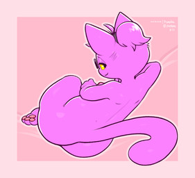 anthro barefoot biped butt eyewear feet female femboy glasses hair looking_back lying pawpads pink_pawpads ponytail presenting presenting_hindquarters purple_body purple_hair rear_view solo yellow_sclera frumples frumples_(character) domestic_cat felid feline felis mammal 2021 digital_media_(artwork) male_(lore)