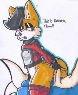 anthro aroused balls barely_visible_balls barely_visible_genitalia big_butt big_penis blush bodily_fluids boots bottomless bottomless_male bracelet butt clothed clothing dialogue duo erection eyebrows eyeshadow femboy fingerless_gloves flaccid footwear genitals gloves hand_on_penis handwear imminent_sex jacket jewelry legwear looking_back makeup male penis penis_grab raised_eyebrow shoes spiked_bracelet spikes sweat sweatdrop text thick_thighs thigh_boots thigh_highs topwear justsomeidiotonline archie_comics sega sonic_the_hedgehog_(archie) sonic_the_hedgehog_(comics) sonic_the_hedgehog_(series) miles_prower_(anti-tails) sonic_the_hedgehog canid canine eulipotyphlan fox hedgehog mammal red_fox true_fox english_text hi_res