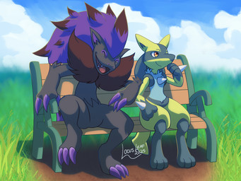 3_fingers 3_toes ambiguous_gender anthro bench blue_body blue_fur claws cloud day detailed_background duo fangs feet fingers fur grass grey_body grey_fur hair hand_on_leg hand_on_thigh laugh on_bench open_mouth orange_eyes outside plant purple_claws purple_hair purple_inner_ear sitting sitting_on_bench sky smile tail teeth toes yellow_body yellow_tail locusleaf nintendo pokemon generation_4_pokemon generation_5_pokemon lucario pokemon_(species) shiny_pokemon zoroark 2025 hi_res
