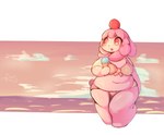 anthro bikini bikini_bottom bikini_top clothing dessert female food hair ice_cream pink_hair sea sky slightly_chubby solo swimwear two-piece_swimsuit water white_body yellow_eyes lightmizano nintendo pokemon generation_6_pokemon pokemon_(species) slurpuff hi_res