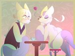 anthro blush chair duo female flirting furniture male male/female nude one_eye_closed shy table waiter wink kitsunekotaro nintendo pokemon shoa_mien generation_5_pokemon mienshao pokemon_(species) hi_res