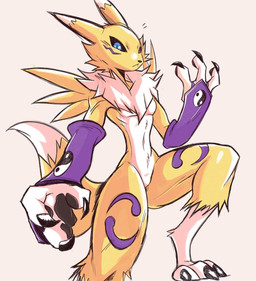 3_fingers ambiguous_gender anthro arm_warmers_only armwear armwear_only blue_eyes bridal_gauntlets bridal_gauntlets_only clothing dipstick_ears dipstick_tail double_tomoe ear_markings featureless_crotch fingers fluffy fluffy_tail fur leg_markings markings mostly_nude multicolored_body multicolored_ears multicolored_fur navel neck_tuft socks_(marking) solo tail tail_markings tomoe_(symbol) tuft two_tone_body two_tone_fur white_body white_fur yellow_body yellow_fur yin_yang beezii bandai_namco digimon hasbro canid digimon_(species) mammal renamon alternate_version_at_paywall better_version_at_paywall