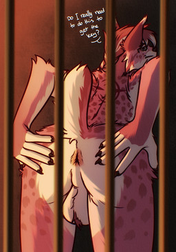 anthro anus ball_tuft balls butt cage genitals locked male nude pink_body prison prisoner solo spread_butt spreading tail text tuft kzero quartz_zustak canada_lynx felid feline lynx mammal english_text hi_res