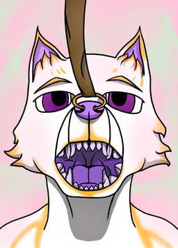 anthro facial_piercing fur leash leash_pull leather_leash male nose_leash nose_piercing nose_ring nose_ring_pull open_mouth piercing piercing_pull purple_body purple_sclera purple_skin ring_piercing solo submissive submissive_male white_body white_fur yellow_body yellow_fur tomijelen absurd_res hi_res