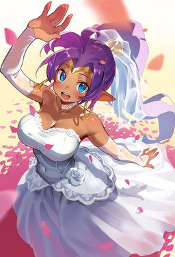 armwear blue_eyes breasts bridal_gauntlets bride choker clothing collarbone dress ear_piercing ear_ring eyebrows eyelashes female hair humanoid_pointy_ears jewelry necklace not_furry open_mouth open_smile petals piercing pointy_ears ponytail purple_hair ring_piercing smile solo wedding_dress life_is_pi shantae_(series) wayforward shantae genie humanoid 2026 absurd_res hi_res