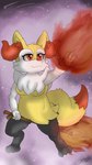 black_body black_fur breasts female fire flying fog fur happy red_body red_eyes red_fur red_nose smile solo star stick white_body white_fur yellow_body yellow_fur darknetic nintendo pokemon braixen generation_6_pokemon pokemon_(species) 4k 9:16 absurd_res digital_media_(artwork) hi_res redraw shaded