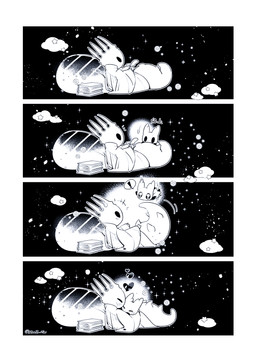 2_horns 4_horns 4_panel_comic ambiguous_gender anthro arms_outstretched black_background black_body black_eyes blush blush_lines book bottomless bottomless_taur bubble catching cloak clothed clothing cloud duo emanata exclamation_point falling glistening glistening_eyes happy heart_eyes heart_symbol holding_another holding_object holding_quill horn hug insect_wings loose_feather love motion_lines multi_horn paper paper_stack playing quill reading reading_book robe simple_background sparkles star tail text thick_tail throwing white_body white_cloak white_clothing white_head white_robe wings writing_utensil monz_tw hollow_knight_(franchise) team_cherry hollow_knight_(character) pale_king_(hollow_knight) pure_vessel_(hollow_knight) arthropod arthropod_taur insect insect_taur taur vessel_(species) 2026 chinese_text comic digital_media_(artwork) hi_res line_art monochrome screentone signature translation_request father_(lore) father_and_child_(lore) male_(lore) nonbinary_(lore) parent_(lore) parent_and_child_(lore)