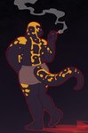 anthro black_body black_skin boxers_(clothing) cigarette clothing eyewear glasses grey_boxers grey_clothing grey_underwear half-closed_eyes male markings narrowed_eyes smoking smoking_tobacco solo underwear yellow_markings naughtyjester amphibian fire_salamander salamander 2023 hi_res