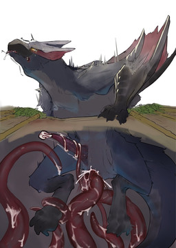 anal anal_penetration animal_genitalia beak black_body black_fur bodily_fluids cum cum_in_ass cum_inside ears_back ejaculation erection feet feral foot_grab forced forearms fur genital_fluids genital_slit genitals gradient_arms male membrane_(anatomy) partially_inside penetration penis pivoted_ears rape saliva scaled_forearms scaled_legs scales scaly_tail sex shaking simple_background solo stuck tail tapering_penis tears tears_of_pain teeth tentacle_handjob tentacle_rape tentacle_sex tentacles tongue tremble_spikes trembling underground white_background winged_arms wings ibuki_shione capcom monster_hunter flying_wyvern nargacuga scalie hi_res