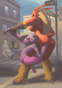 anthro avian_feet beak big_butt blonde_hair breasts butt butt_grab eyelashes feathers female female_anthro green_eyes group hair hand_on_butt larger_female long_hair male medium_breasts one_eye_closed purple_body purple_eyes rear_view red_body red_feathers size_difference small_breasts smaller_female smile tail tail_feathers thick_thighs wide_hips yellow_body yellow_feathers mootsider nintendo pokemon banette blaziken generation_3_pokemon generation_4_pokemon lucario pokemon_(species) zangoose absurd_res hi_res
