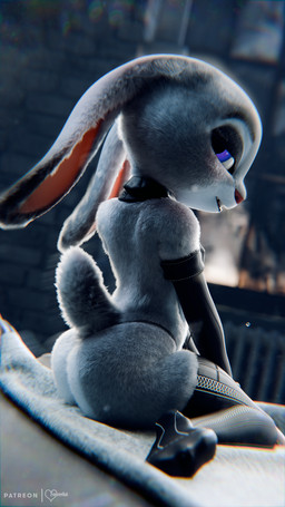 anthro big_butt biped black_clothing butt clothed clothing eyebrows female fur grey_body kneeling legwear looking_at_viewer looking_back pupils purple_eyes rabbit_ears shortstack solo tail thick_thighs thigh_highs thong underwear foxventus disney zootopia judy_hopps lagomorph leporid mammal rabbit 3d_(artwork) 9:16 digital_media_(artwork) hi_res