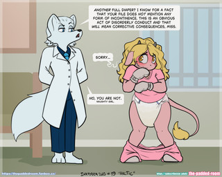 anthro asylum blush bodily_fluids clothing diaper duo female genital_fluids handwear hospital humiliation male male/female medical mittens shy text unclean_diaper urine used_diaper wet_diaper the_padded_room arctic_fox bovid bovine canid canine cattle fox mammal true_fox absurd_res english_text hi_res