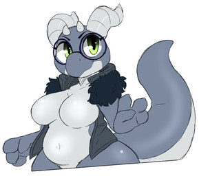 anthro bottomless breasts clothed clothing eyewear featureless_breasts female glasses green_eyes horn navel non-mammal_breasts simple_background slightly_chubby smile solo tail thick_tail topwear backsash io_adore kobold reptile scalie 2019 digital_media_(artwork)