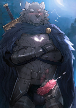ambiguous_gender anthro armor balls black_body black_fur bodily_fluids cum cumshot drooling duo ejaculation erection exclamation_point eyes_closed fur genital_fluids genitals glans handjob humanoid_genitalia humanoid_penis male male/ambiguous male_anthro melee_weapon penile penis pink_glans saliva sex sword vein veiny_penis weapon dr.kiyo elden_ring fromsoftware blaidd_(elden_ring) canid canine canis mammal wolf absurd_res hi_res