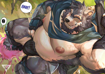 anthro areola arm_wraps armor armpit_hair barazoku beard belly belly_hair biceps big_bulge big_muscles body_hair bulge cape chest_hair claws clothed clothing dialogue ear_piercing ear_ring eyebrows eyeless facial_hair fingerless_gloves fur gauntlets gloves greaves hair handwear happy_trail high-angle_view huge_bulge huge_muscles kemono male male_anthro manly melee_weapon musclegut muscular muscular_anthro muscular_male navel nipples outside pecs piercing pubes ring_piercing sheathed_weapon slime smile solo standing stomping sword teeth text thick_arms thick_thighs topless topless_anthro topless_male tuft unconvincing_armor underwear warrior weapon wraps estper anothereidos_of_dragon_vein_r lyon's_dad_(anothereidos_r) canid canine canis mammal 2025 english_text hi_res watermark