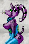 breasts cigarette clothing corset female glistening horn lingerie looking_at_viewer nipples purple_body smoking solo tail tattoo tentacles topwear dzemon zhmernalt mythology demon dragon humanoid mythological_creature mythological_scalie scalie