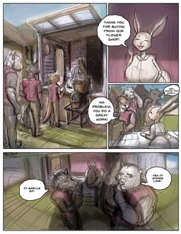 anthro breasts butt female group male text white_body hohohonse beastars haru_(beastars) canid canine canis domestic_dog lagomorph leporid mammal rabbit comic english_text hi_res