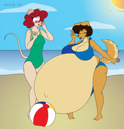 anthro ball beach beach_ball belly big_belly big_breasts bikini blush breasts brown_hair clothing cloud copyright_symbol duo eyes_closed female freckles fur hair hyper hyper_pregnancy inflatable multicolored_body multicolored_fur navel open_mouth outie_navel pregnant red_hair seaside sky sun swimwear symbol two-piece_swimsuit two_tone_body two_tone_fur water satsumalord penny_(satsumalord) tandi_(satsumalord) bird_dog canid canine canis domestic_dog golden_retriever hunting_dog mammal mouse murid murine retriever rodent 2016 digital_media_(artwork) hi_res