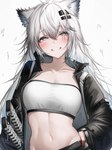 accessory bandeau blush breasts clothing fangs female grey_eyes grey_hair grin hair hair_accessory jacket looking_at_viewer melee_weapon midriff navel smile solo sword teeth topwear weapon tabhead arknights hypergryph studio_montagne lappland_(arknights) animal_humanoid canid canid_humanoid canine canine_humanoid humanoid mammal mammal_humanoid 2024 absurd_res hi_res