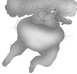 anthro belly big_belly burp_cloud burping clothing fangs feet female huge_belly lying mostly_nude motion_lines obese obese_anthro obese_female open_mouth overweight overweight_anthro overweight_female sharp_teeth simple_background solo teeth topwear white_background wince smokii haplorhine mammal monkey primate 2021 hi_res monochrome sketch