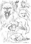 ambiguous_gender cloth digitigrade duo_focus feral fur group male quadruped tail unknown_artist toriko_(series) komatsu_(toriko) terry_cloth toriko battle_wolf canid canine canis human mammal wolf monochrome pen_(artwork) traditional_media_(artwork)