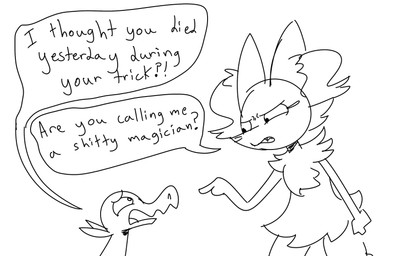 angry anthro dialogue duo female feral gesture hand_gesture humor male pointing profanity text worried not_a_furfag nintendo pokemon tsiaraifhm_(comic) rapist_salandit_(not_a_furfag) braixen generation_6_pokemon generation_7_pokemon pokemon_(species) salandit black_and_white english_text monochrome sketch